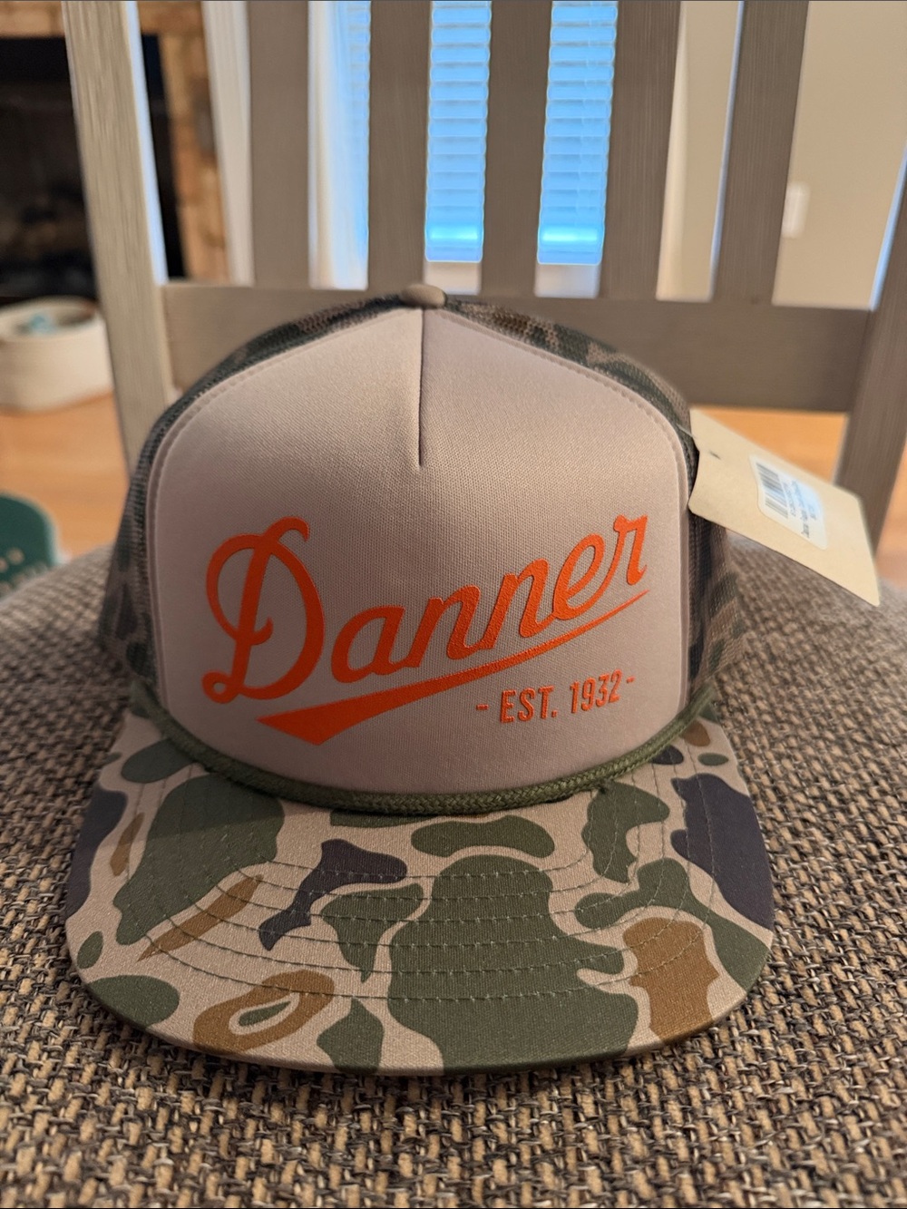 Danner Beige Front Hat with Orange Script and Camo Brim